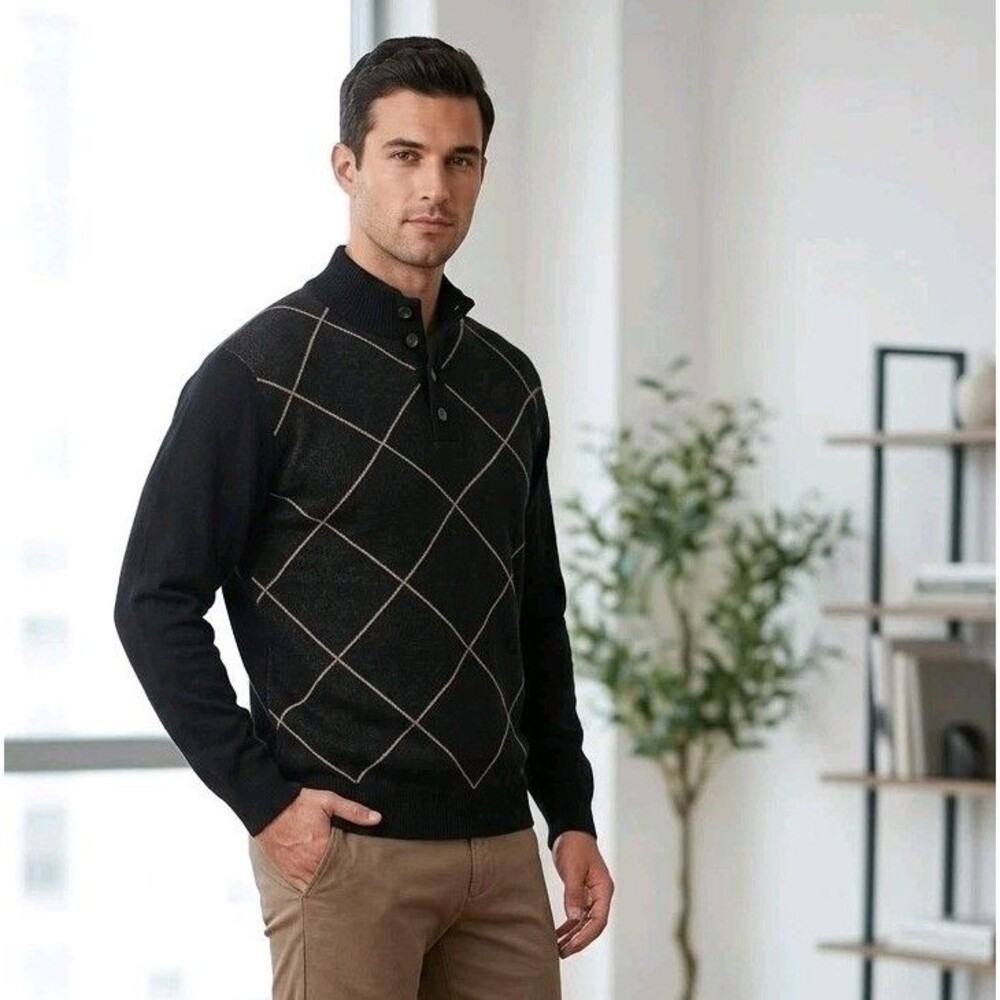 Jos. A. Bank Men’s Lambswool Sweater‎ Size L Black Beige Argyle Mock Neck Henley